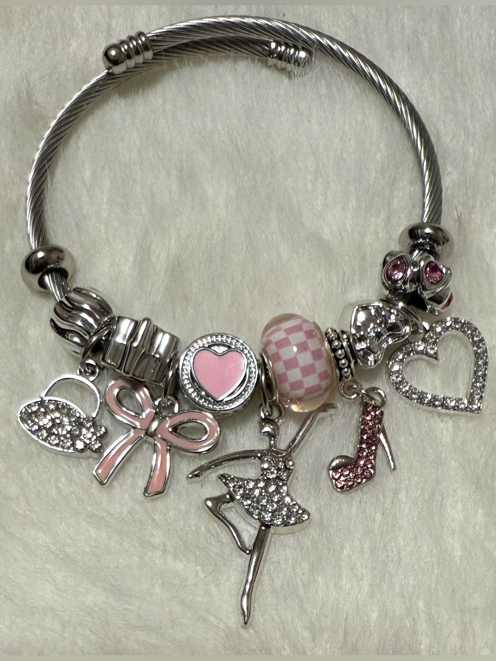 Stainless Steel Charm Bracelet with Pink Accents  Silver-tone